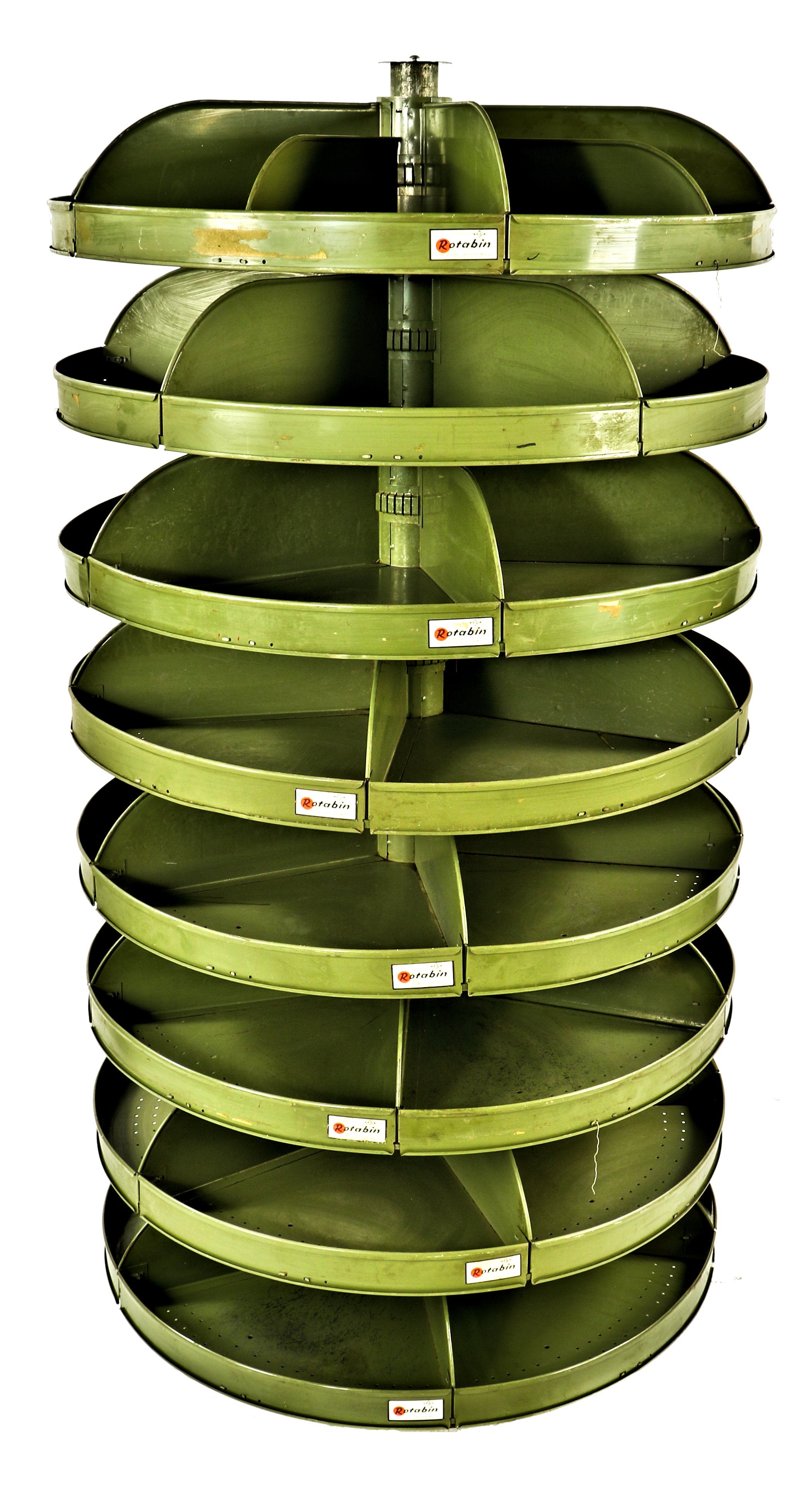 c. 1940's or early 1950's vintage american industrial oversized all original and fully functional "rotabin" a multitude of segmented trays on each revolving tier
