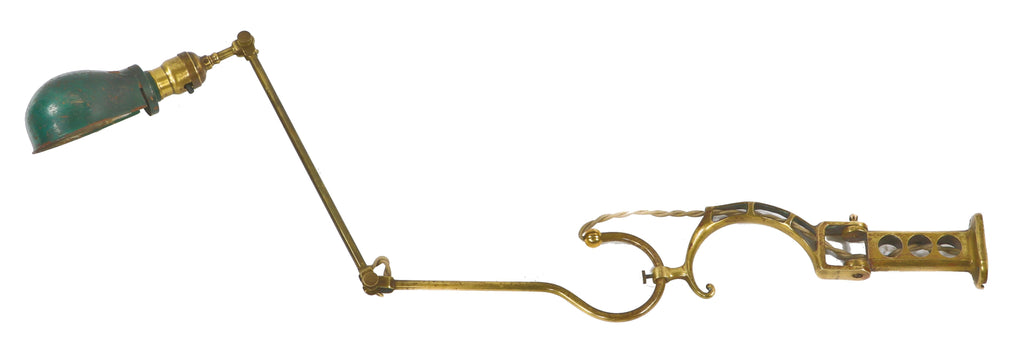 rare and highly sought after early antique american indusrial electric faries medical denist's office "bracket" lamp with fully adjustable tubular brass arm and green hubbell shade