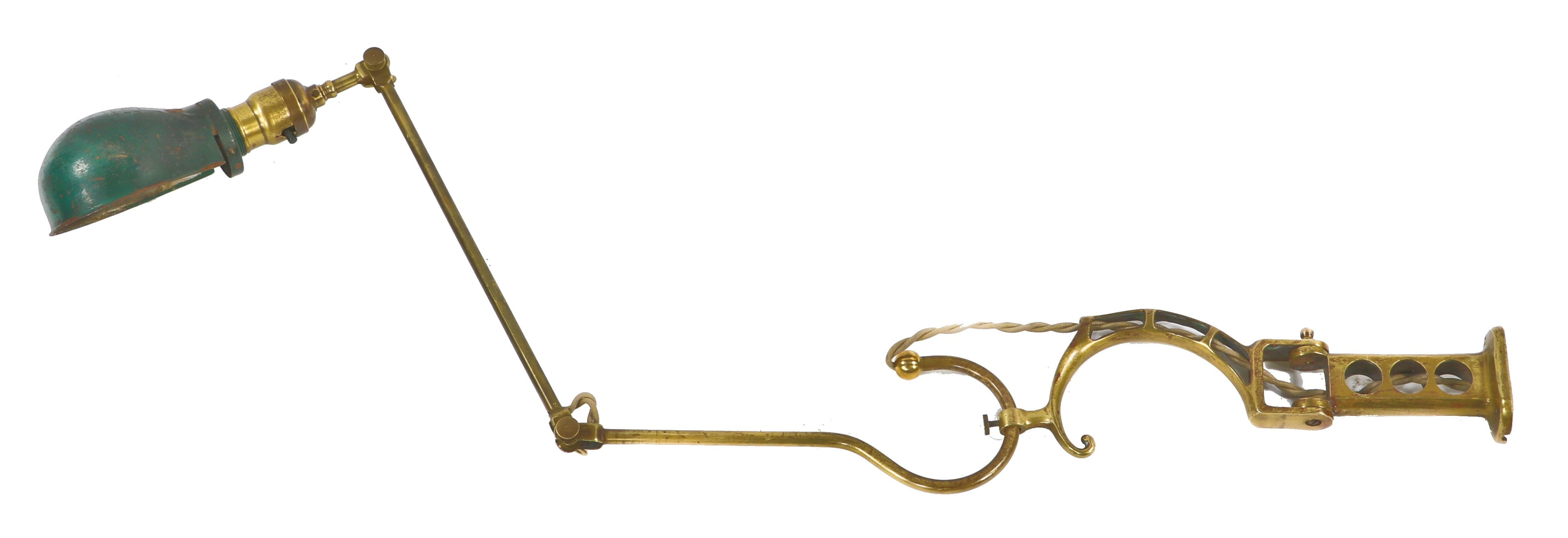rare and highly sought after early antique american indusrial electric faries medical denist's office "bracket" lamp with fully adjustable tubular brass arm and green hubbell shade