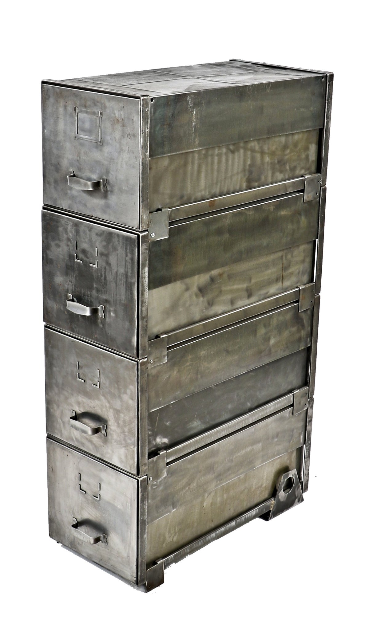 one of two matching c. 1930's antique american industrial refinished brushed metal four-unit stackable filing drawer cabinets comprised of heavy gauge cold-rolled steel