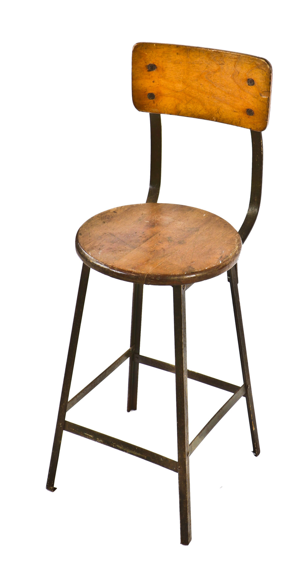 all original late 1940's antique american industrial four-legged stationary pollard stool with intact solid maple wood circular-shaped seat and contoured wood backrest