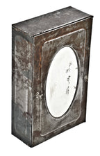 all original and intact antique american medical early 1920's chicago hospital pressed and folded bare steel compact lavatory room medicine cabinet with oval mirror