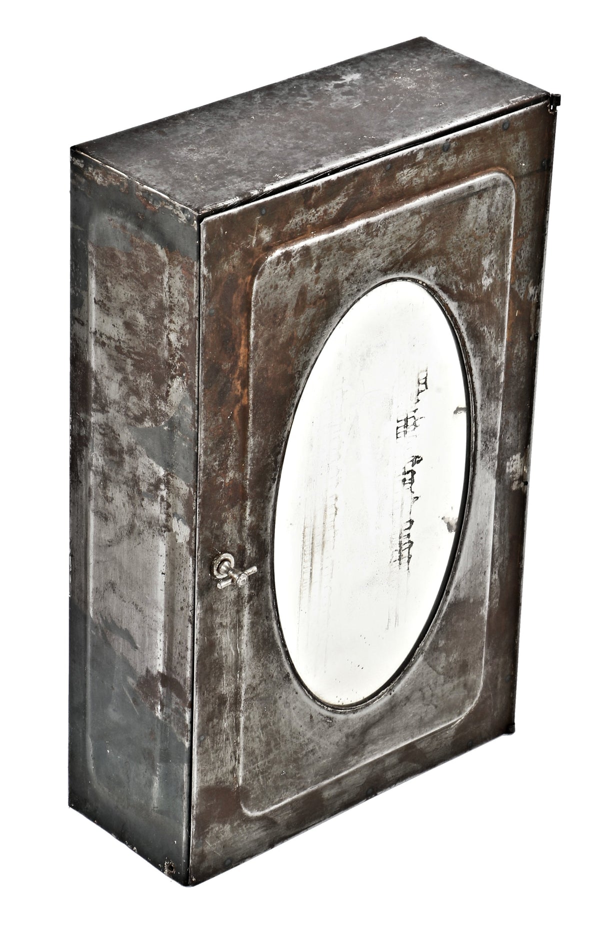 all original and intact antique american medical early 1920's chicago hospital pressed and folded bare steel compact lavatory room medicine cabinet with oval mirror
