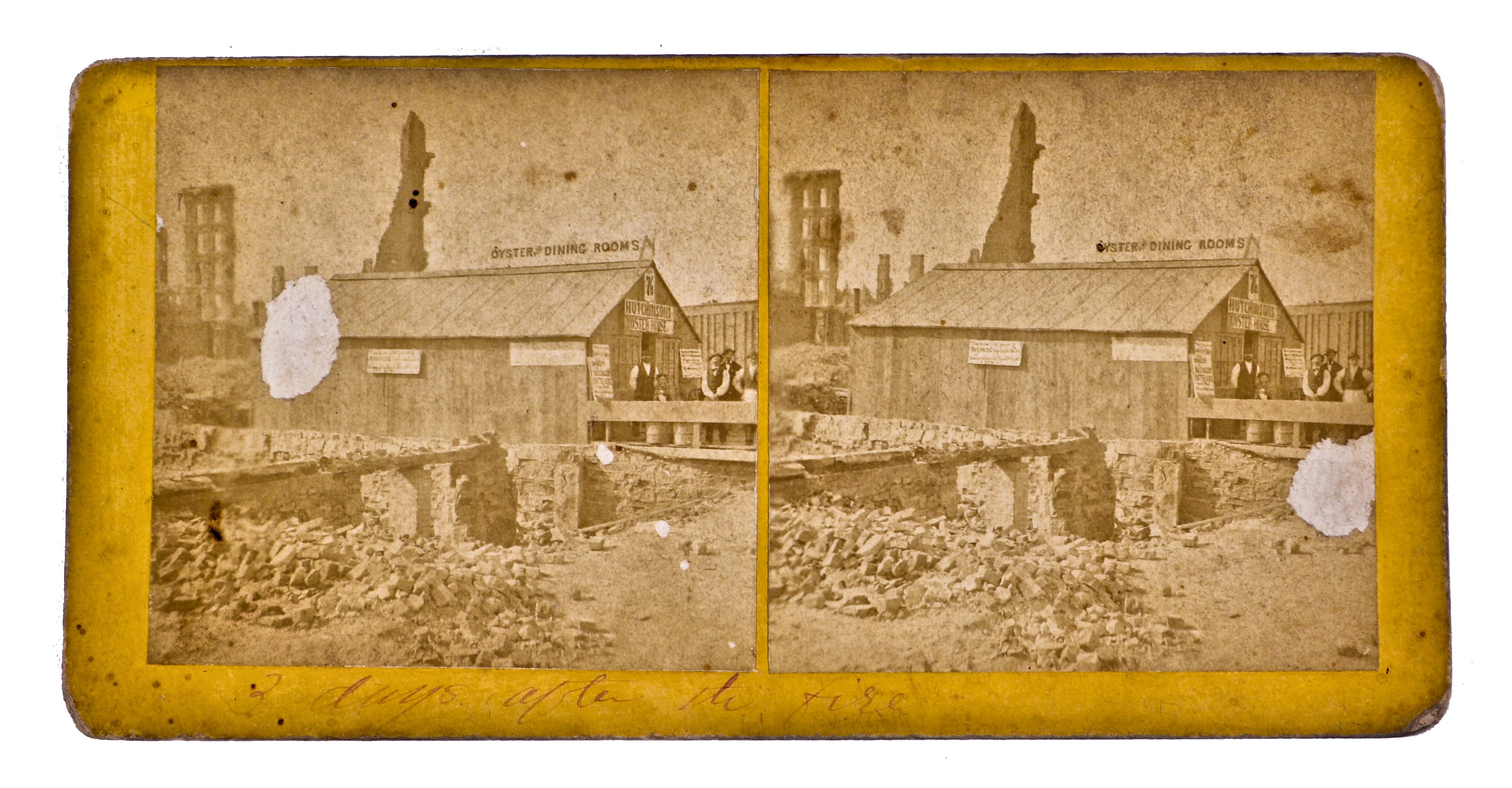 collectible original antique stereoscopic card featuring the wreckage of the great chicago fire and a newly built "hutchinsons's oyster house".