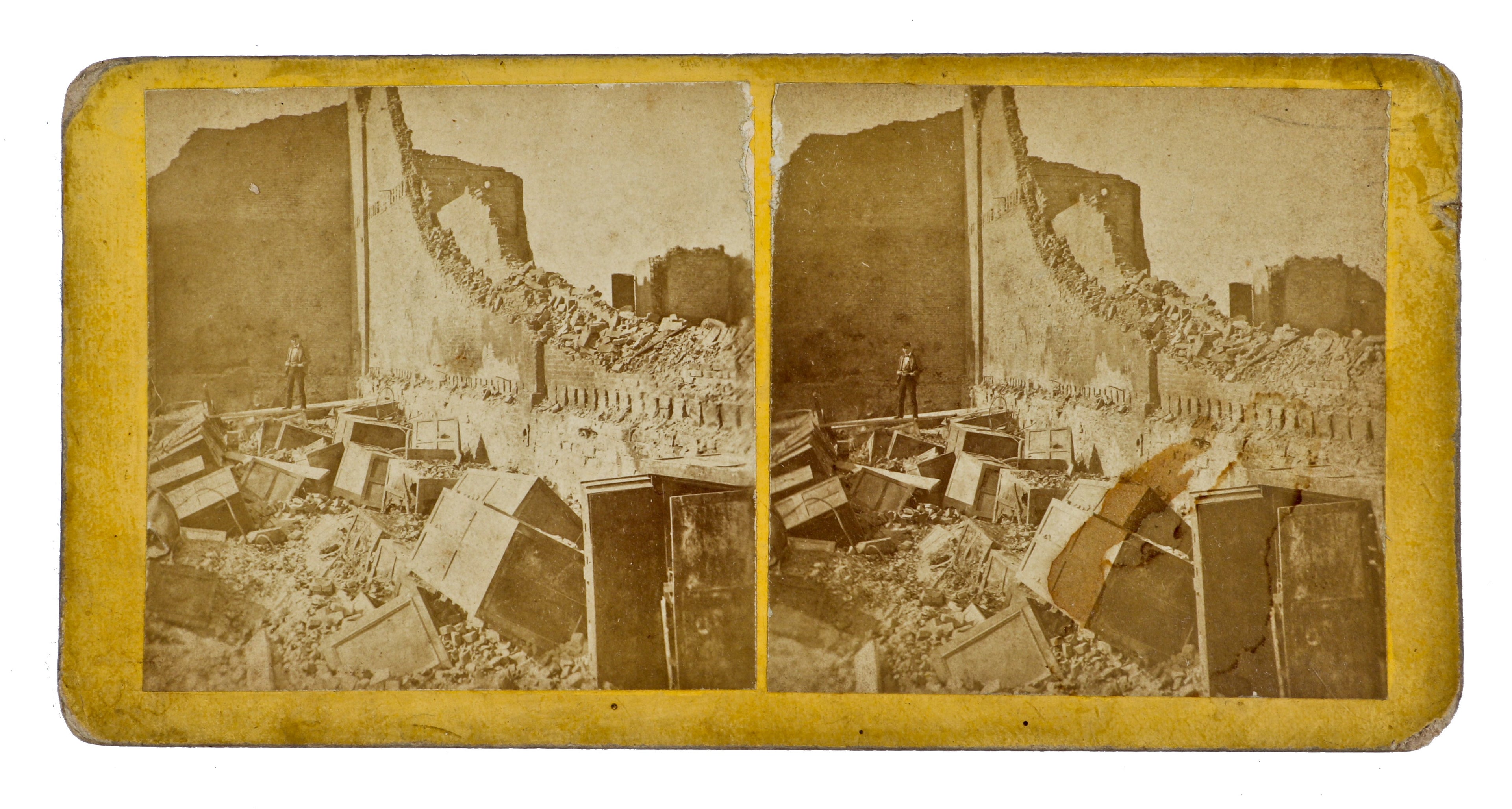rare and all original historic october 1871 sterograph card with post-chicago fire scene at unknown location