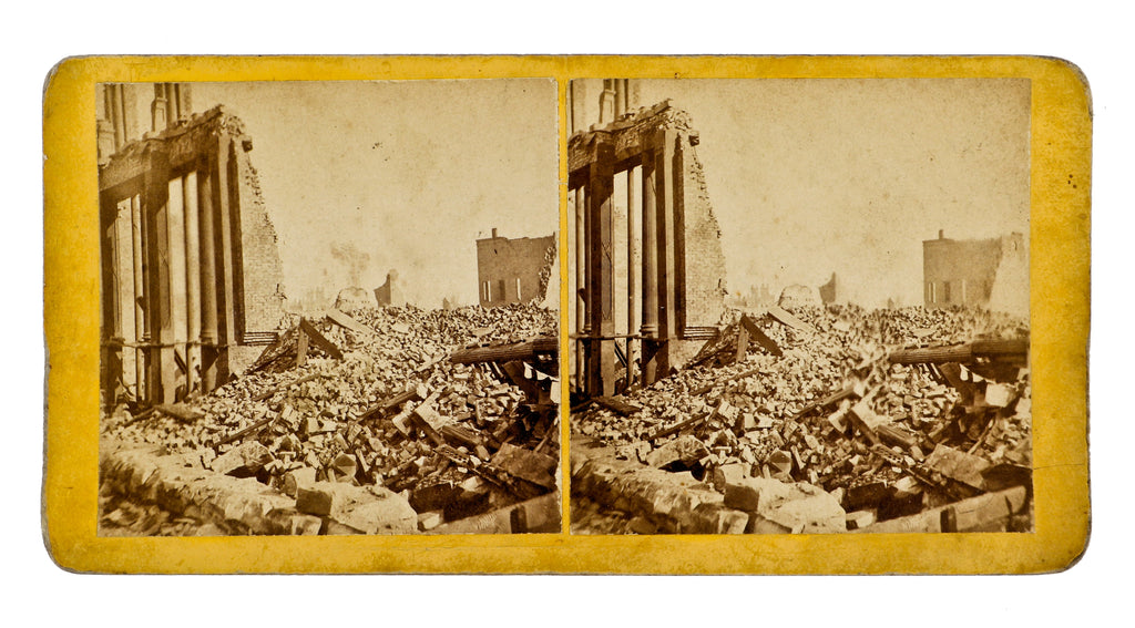 rare and all original historic october 1871 sterograph card with post-chicago fire scene at unknown location