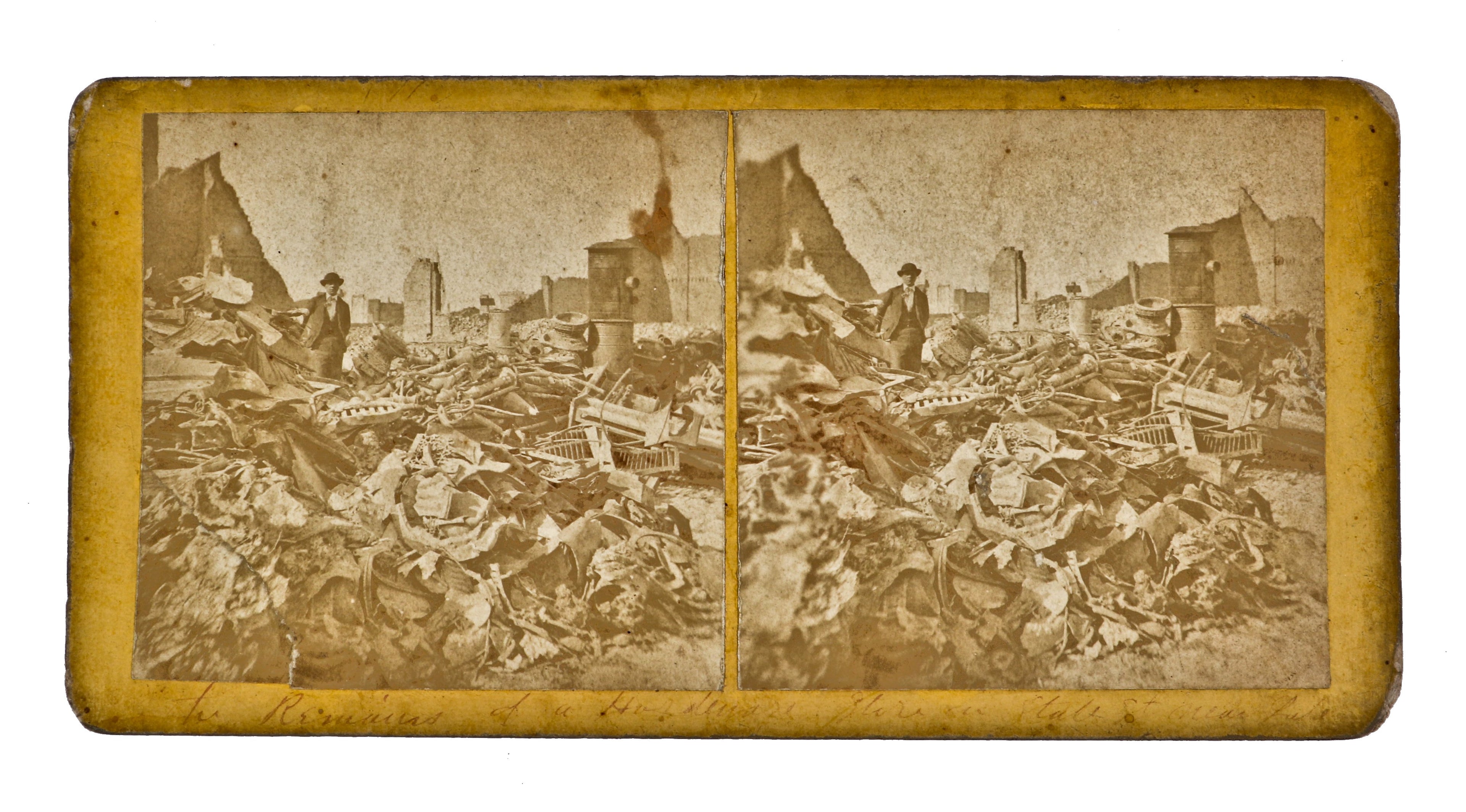 original antique american historic october 1871 great chicago fire sterograph or stereoview card with post-chicago fire "burnt district" scene located on state street