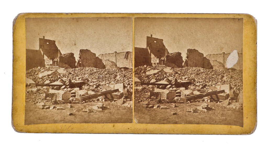collectible original antique stereoscopic card featuring the wreckage of the original sherman house hotel following the great chicago fire in 1871.