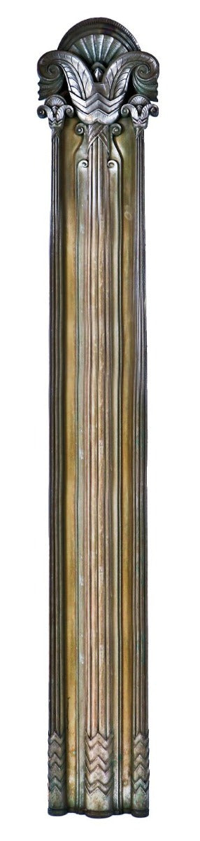 historically important american c. 1929 american art deco style oversized nickel-plated cast bronze palmolive building facade pilaster with visually stunning endcap