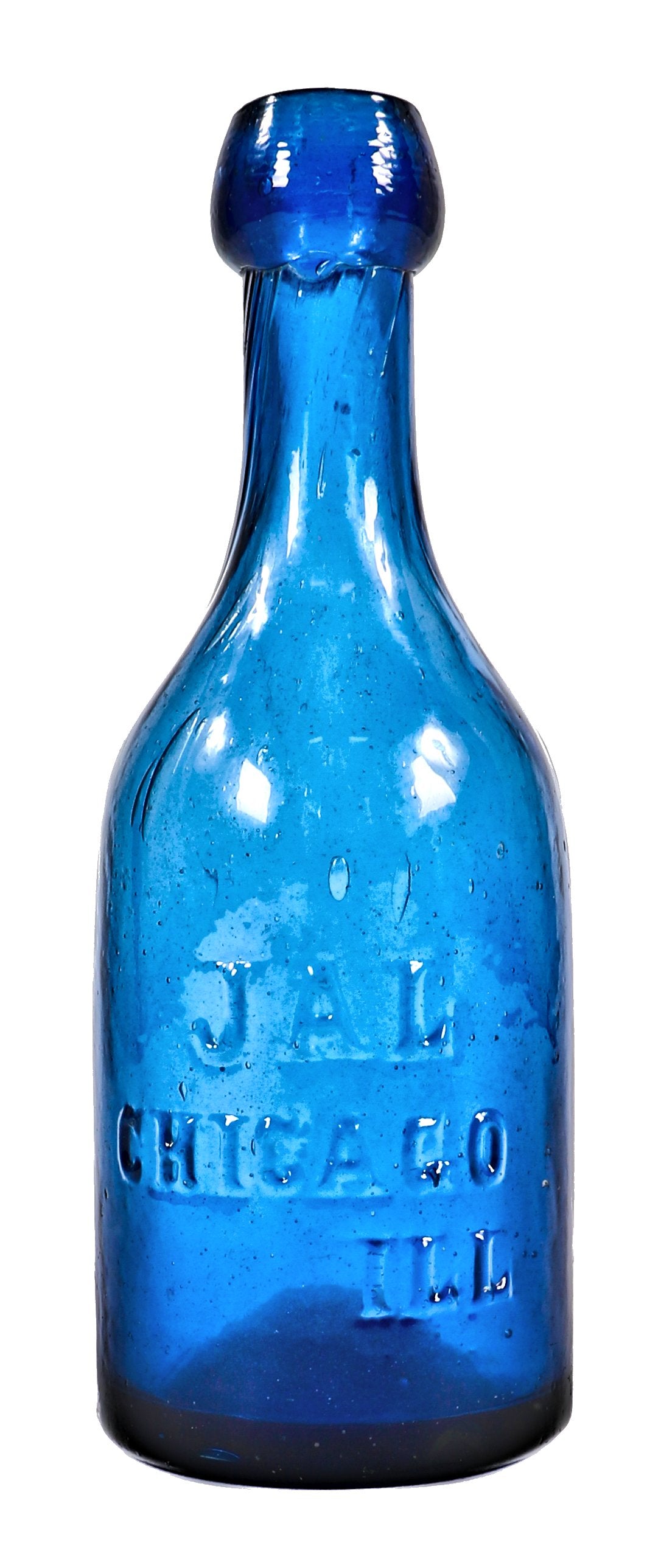 exceptional hard to find pre-civil war era richly colored cobalt blue glass iron-pontiled soda bottle fabricated for chicago bottler john lomax
