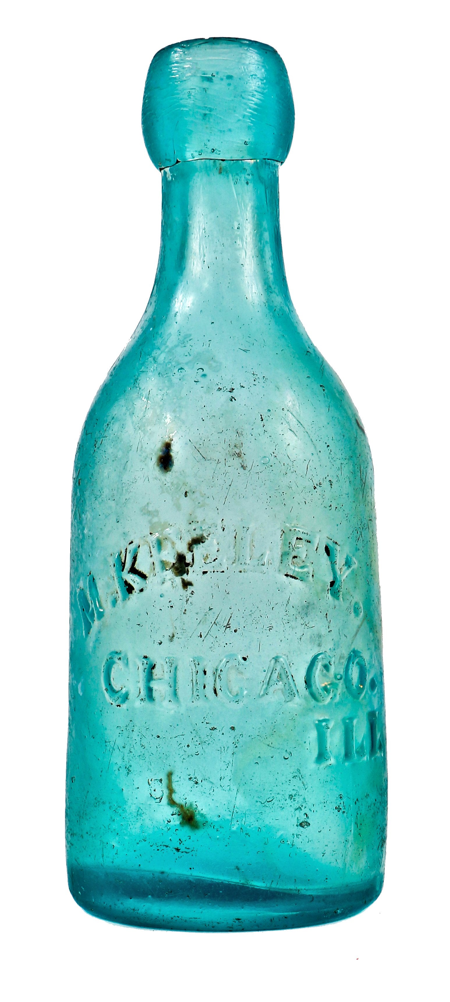 single original antique privy dug mid-nineteenth century aqua blue glass blobtop soda bottle manufactured for michael keeley of chicago, il.