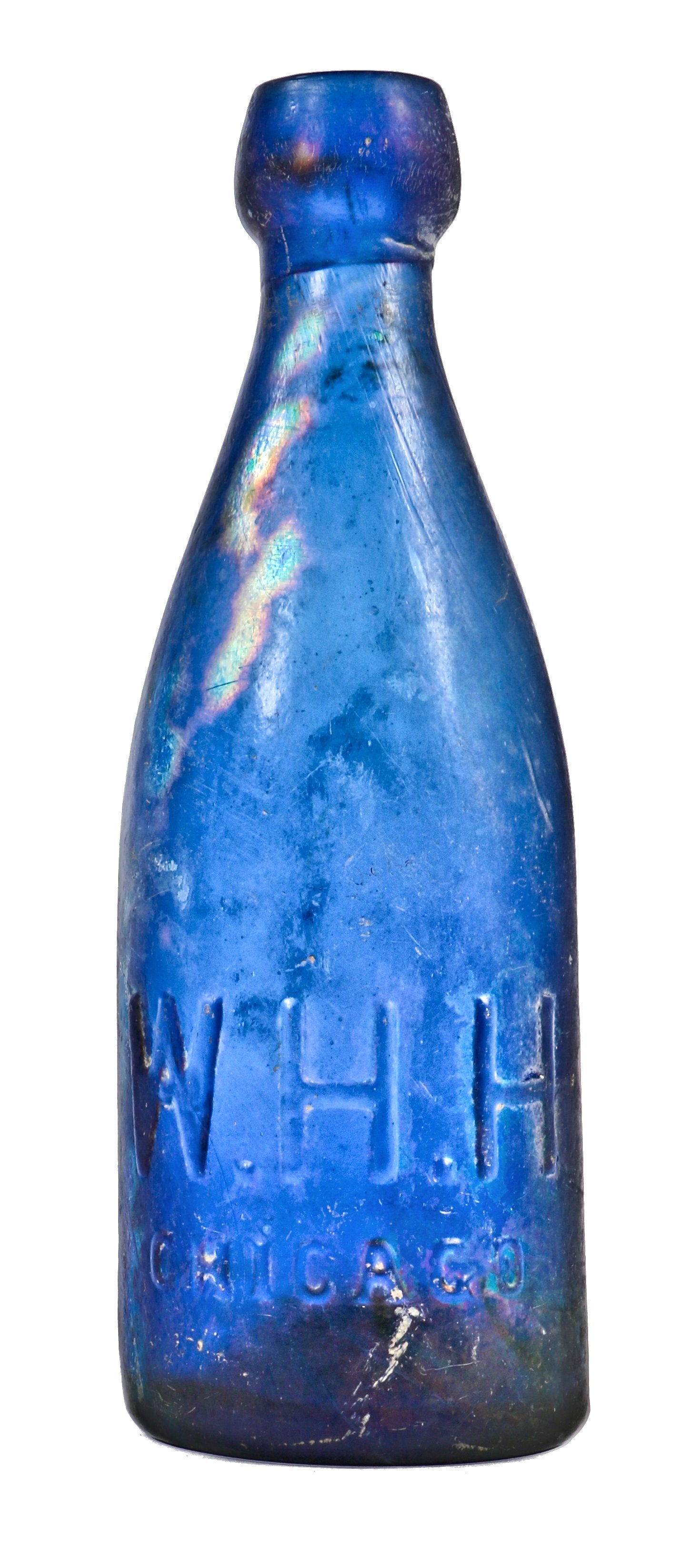 intact and all original privy dug 1850's dark blue "w.h.h." iron pontiled soda bottle manufactured for chicago bottler william henry hutchinson.