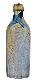 hard to find original 1850's glazed beer or cider stoneware bottle with cobalt blue "x" fabricated for chicago bottler william henry hutchinson.