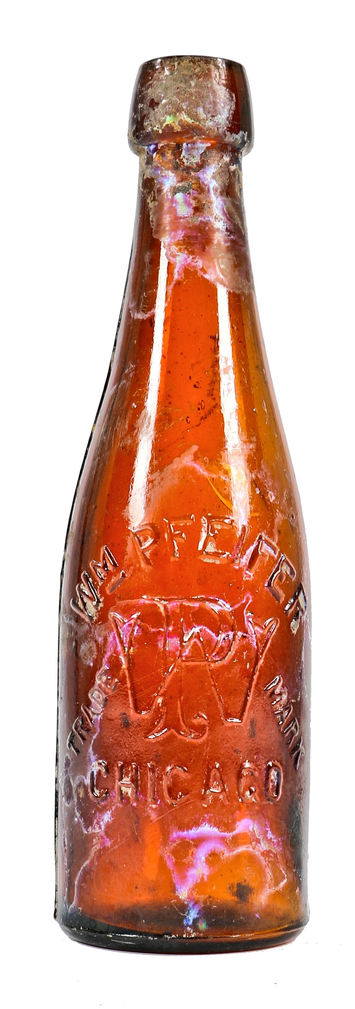 hard to find intact and original late nineteenth century reddish amber st. louis weiss style bottle manufactured for chicago bottler william pfeifer.