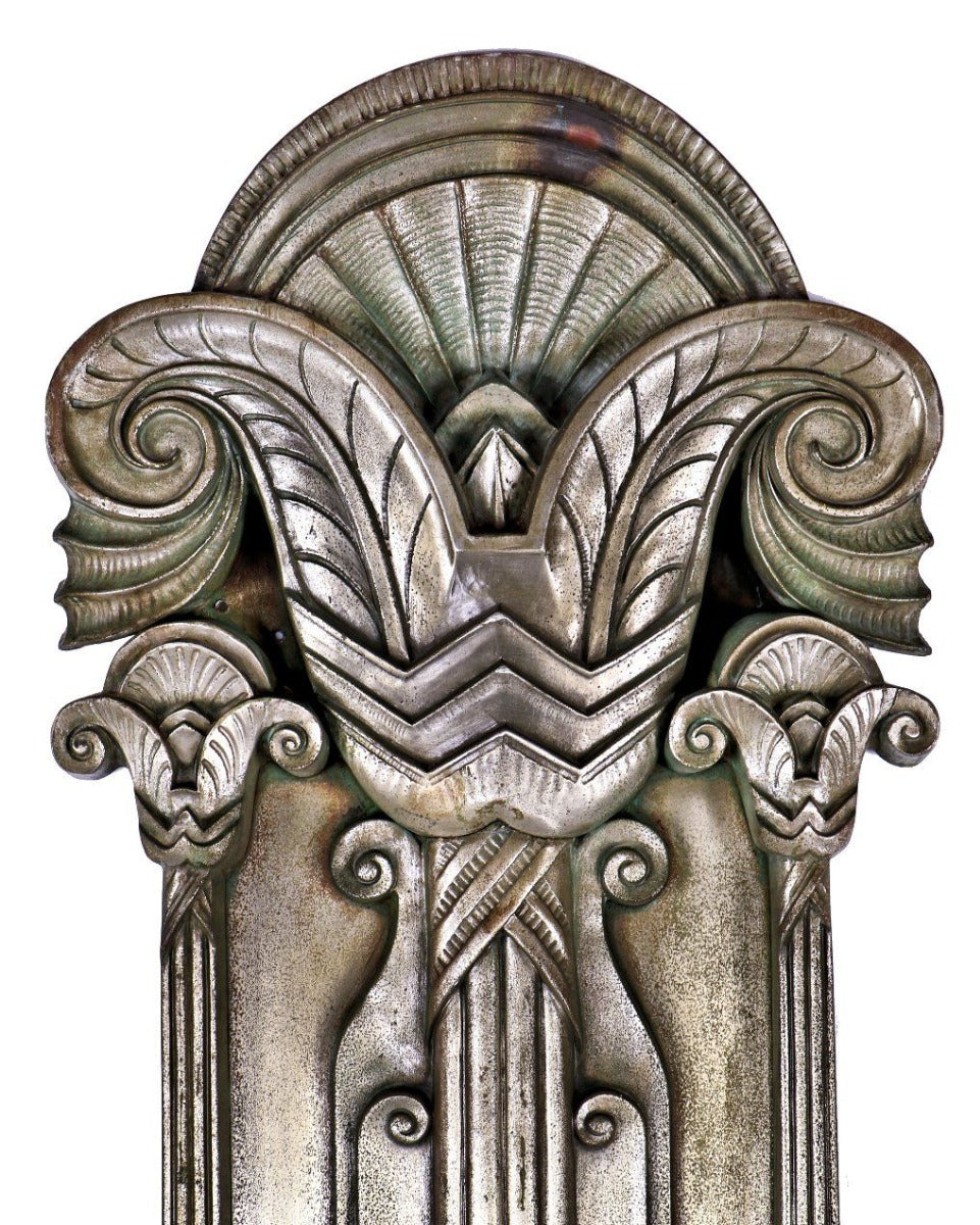 historically important american c. 1929 american art deco style oversized nickel-plated cast bronze palmolive building facade pilaster with visually stunning endcap