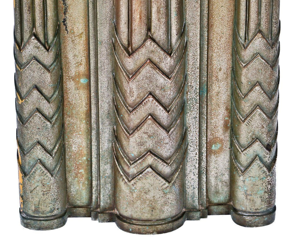 historically important american c. 1929 american art deco style oversized nickel-plated cast bronze palmolive building facade pilaster with visually stunning endcap
