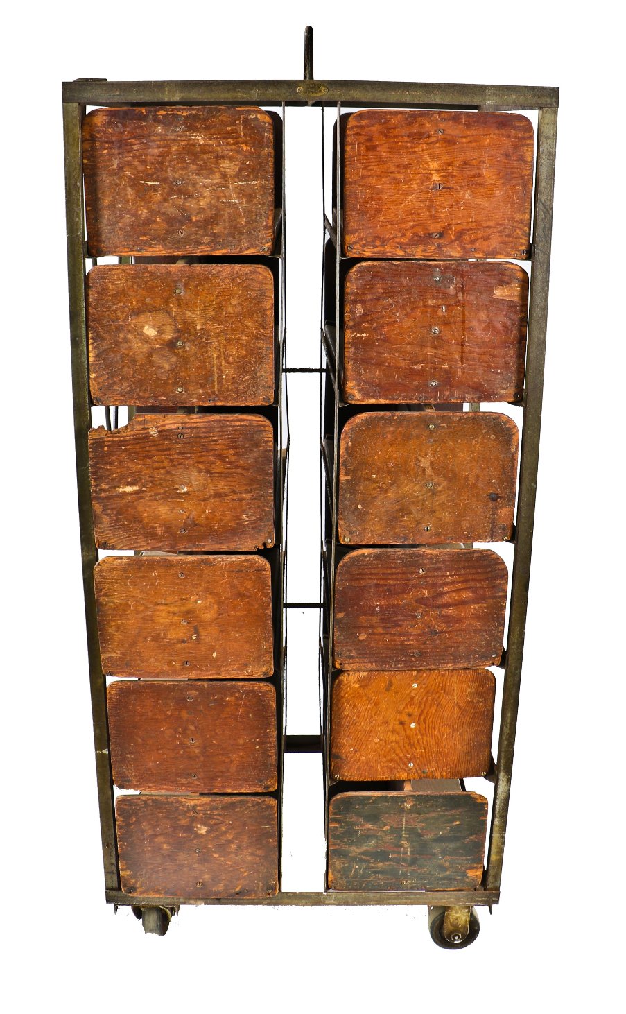 early 20th century nicely worn and weathered mobile antique american industrial chicago cigar factory transport cart with detachable or sliding wood compartments
