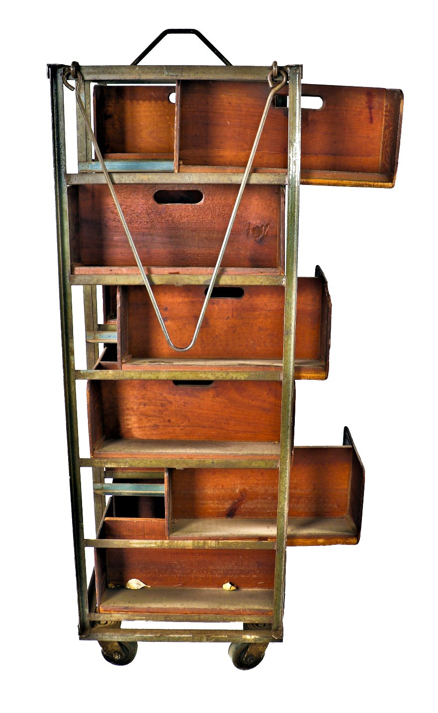 early 20th century nicely worn and weathered mobile antique american  industrial chicago cigar factory transport cart with detachable or sliding  wood 