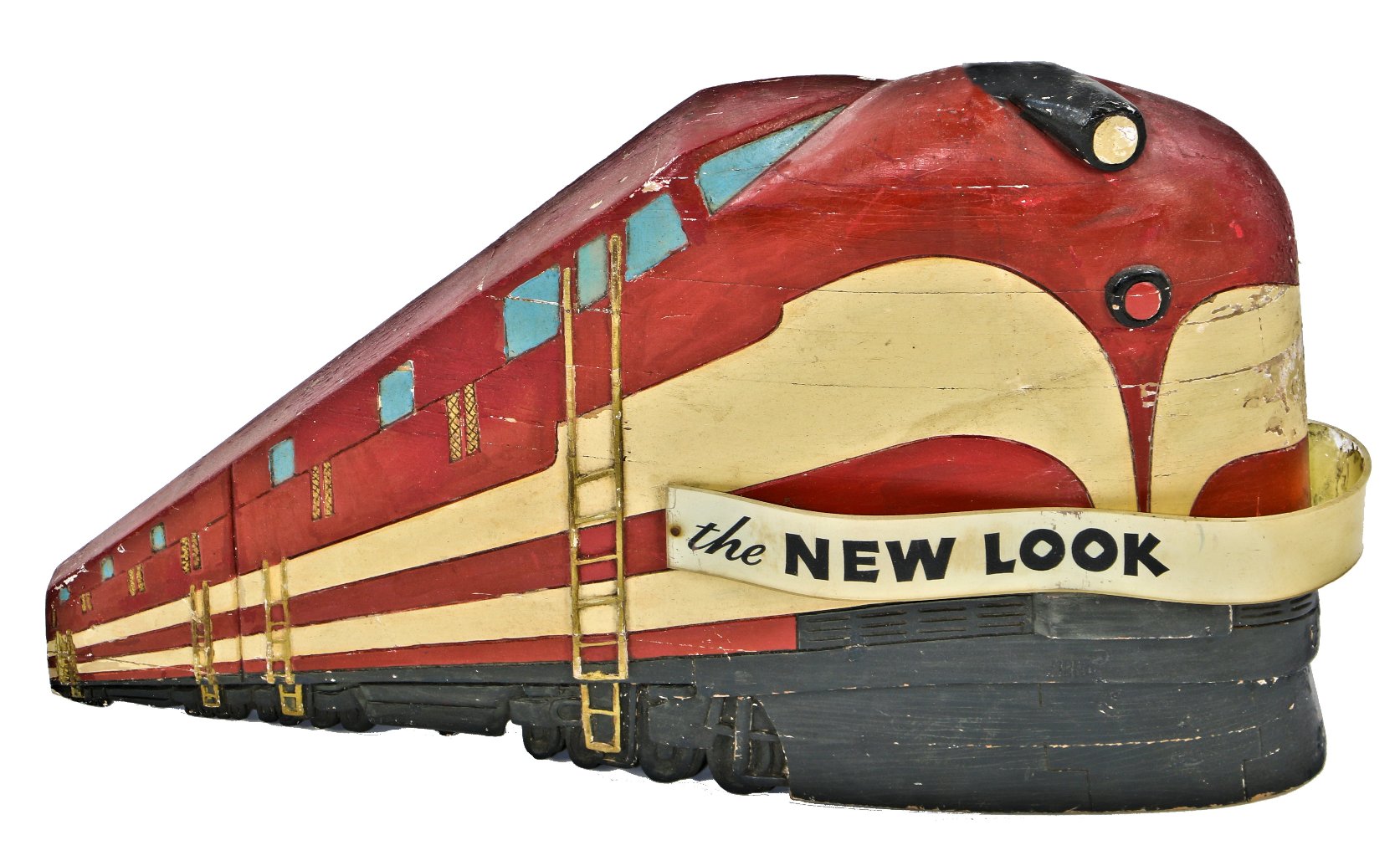unique and highly individualistic late 1940's original polychromatic carved wood hand-painted american streamlined style f3 locomotive promotional display piece