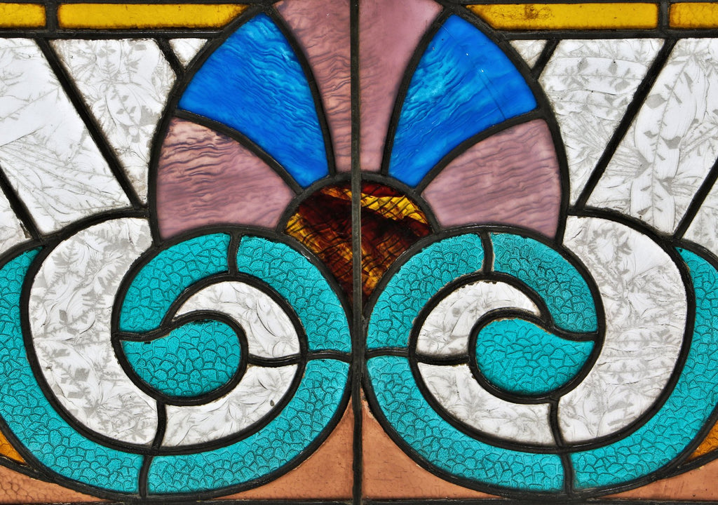 late 19th century original and completely intact antique american ornamental art glass chicago residential bay transom window with palmette and volutes accentuated with jewels