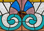 late 19th century original and completely intact antique american ornamental art glass chicago residential bay transom window with palmette and volutes accentuated with jewels