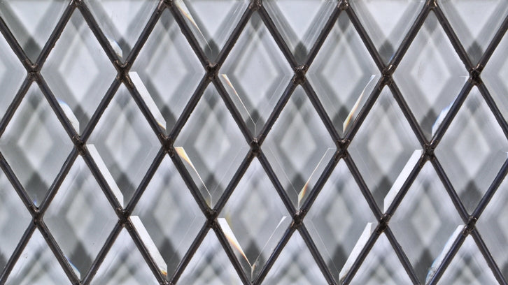 original and intact 19th century antique american all-beveled french glass chicago residential long and narrow transom window with elegant diamond pattern