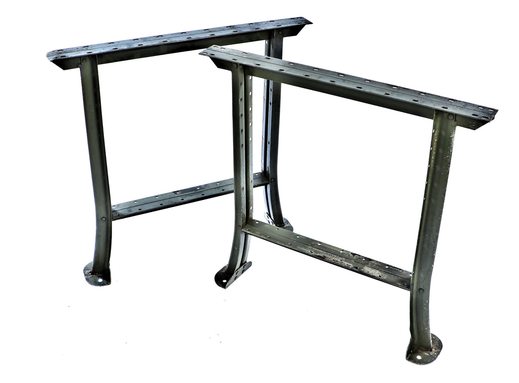 one of three pairs of original mid-20th century vintage american industrial lyon pressed and folded channeled steel green enameled legs or bases with flared feet