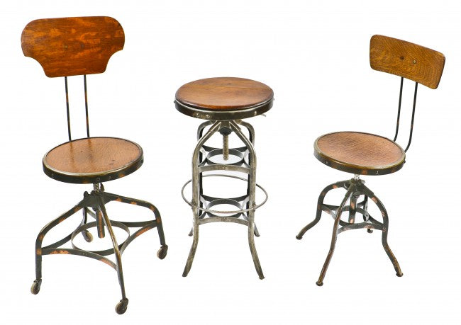 completely refinished antique american industrial "no. 621" fully adjustable "uhl art steel" revolving seat stool with a four-legged riveted joint pressed and folded steel base