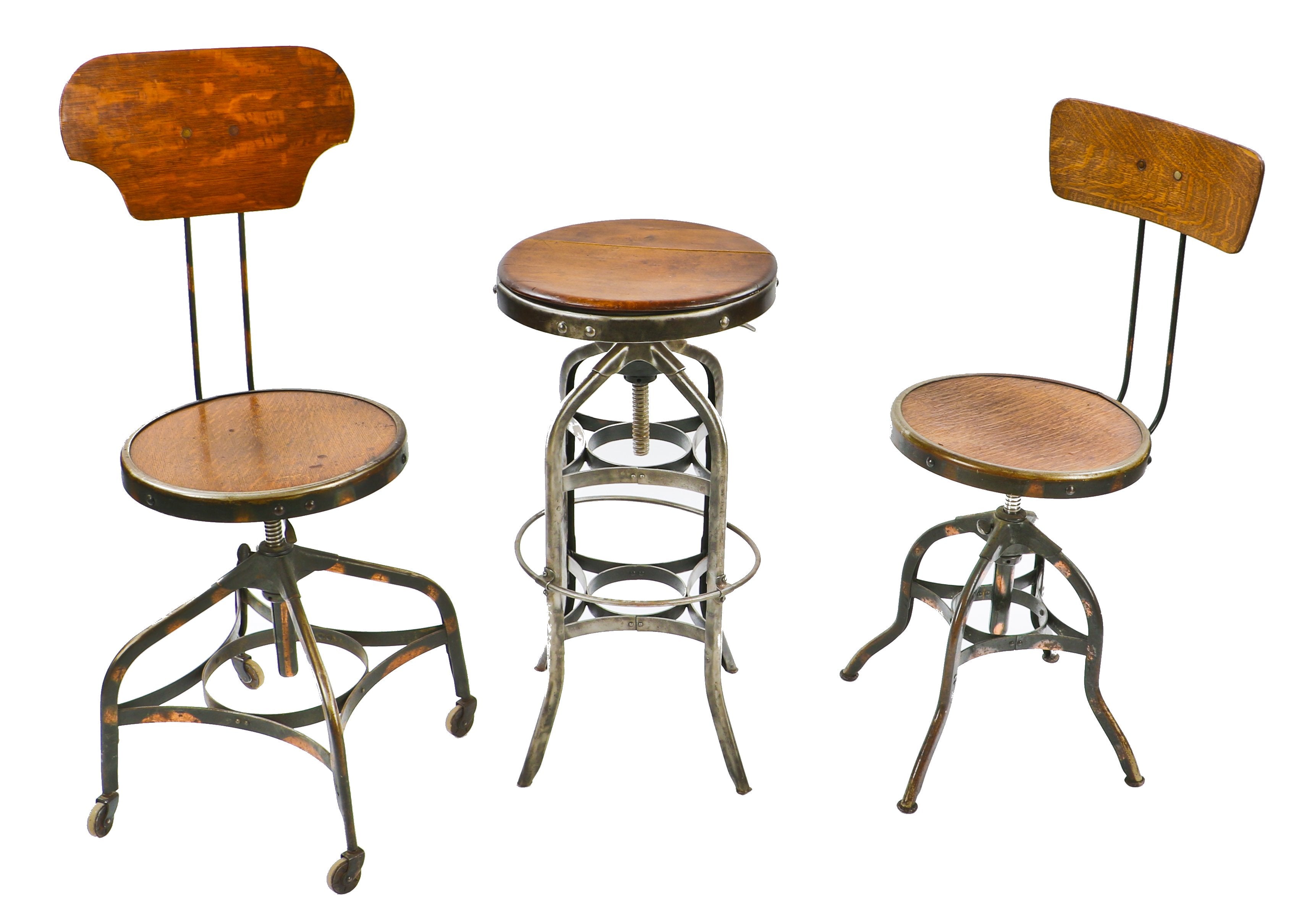 highly sought after early 20th century antique american industrial model "no. 621" pressed and formed double-spider toledo uhl art steel machine shop revolving stool