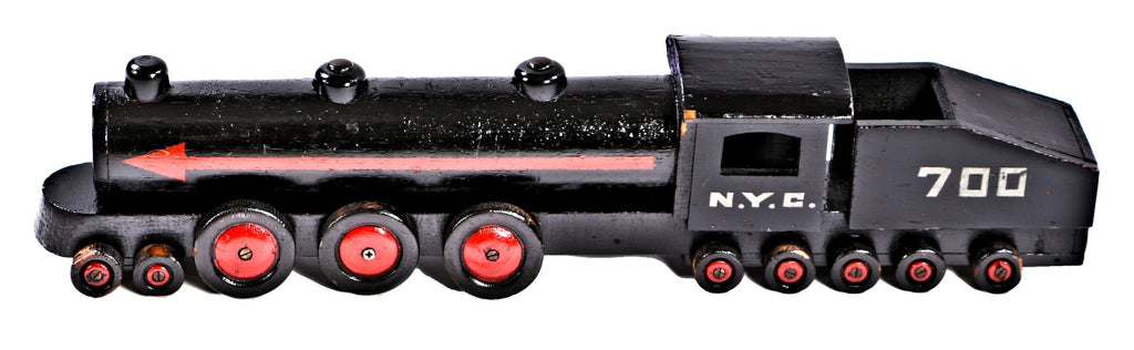 depression era antique american wpa folk art polychromatic handcrafted wood new york city steam engine or locomotive with striking design elements