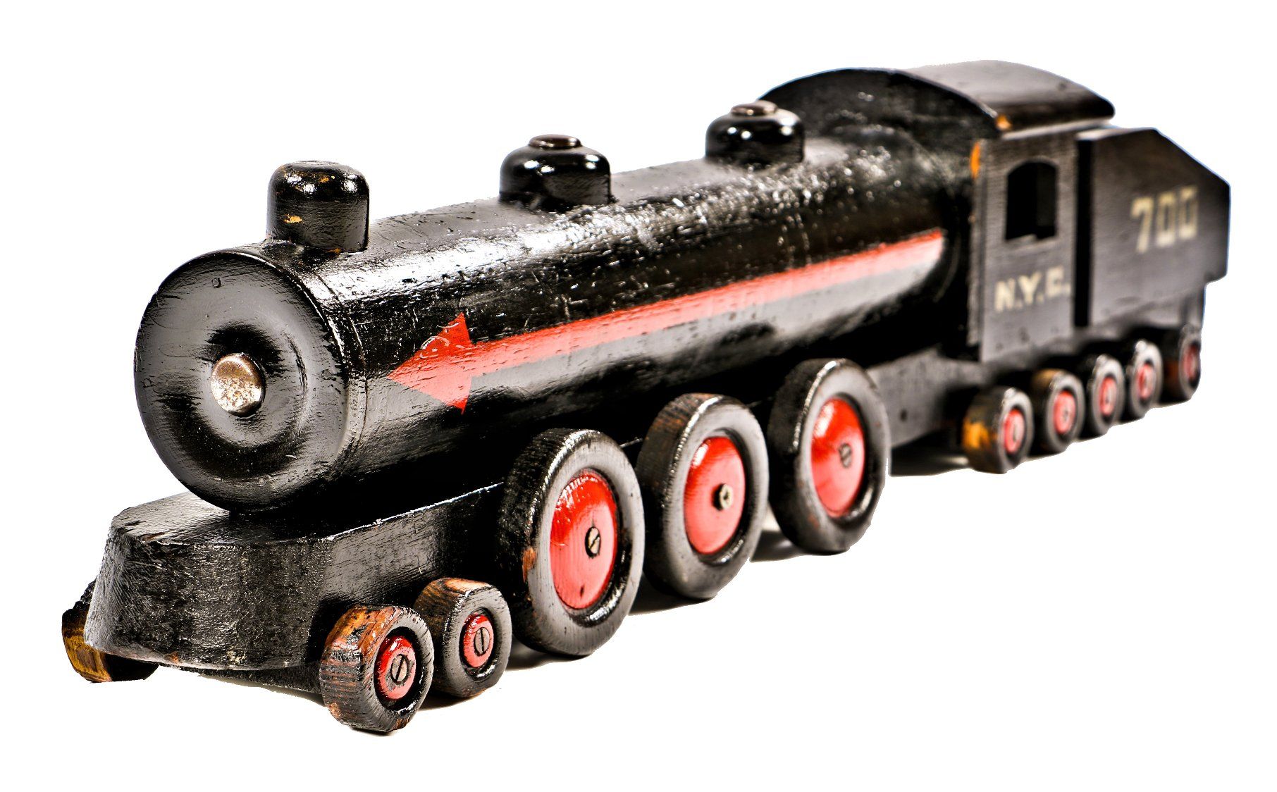 depression era antique american wpa folk art polychromatic handcrafted wood new york city steam engine or locomotive with striking design elements