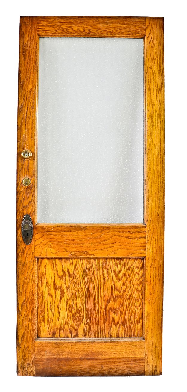 all original and well-maintained single varnished golden oak wood interior residential 19th century vestibule door with highly desirable "florentine" pattern glass panel or pane