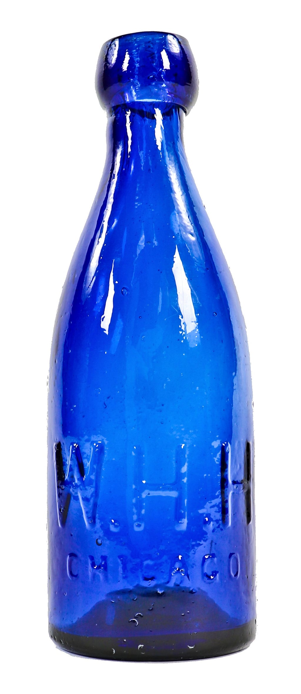 all original mint condition 1850's dark electric blue "w.h.h." iron pontiled soda bottle manufactured for chicago bottler william henry hutchinson