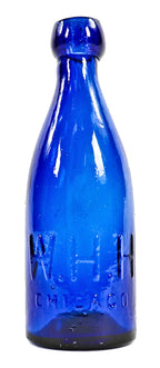 all original mint condition 1850's dark electric blue "w.h.h." iron pontiled soda bottle manufactured for chicago bottler william henry hutchinson
