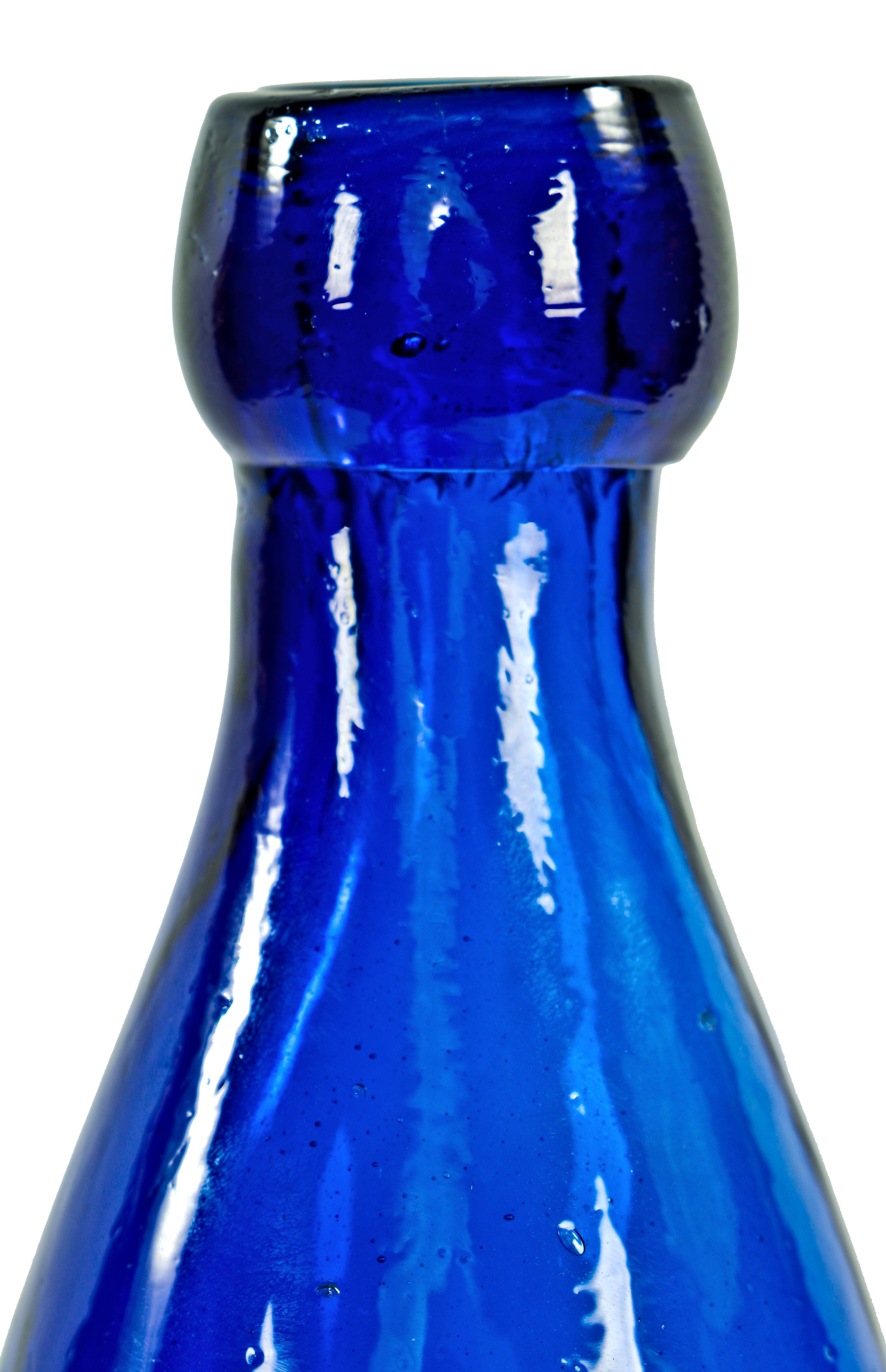 all original mint condition 1850's dark electric blue "w.h.h." iron pontiled soda bottle manufactured for chicago bottler william henry hutchinson