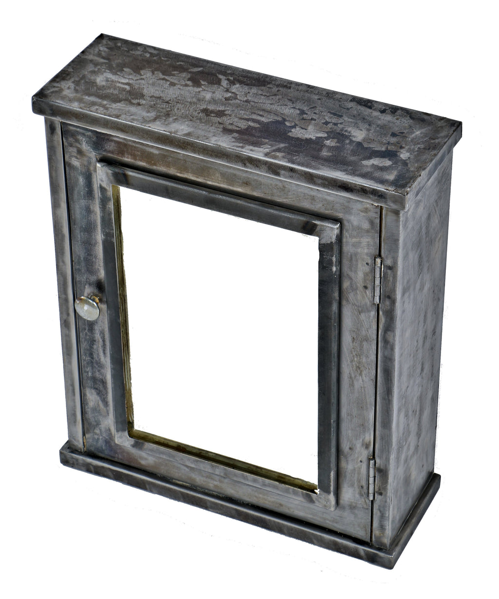 original early 1920's antique american medical brushed and sanded cold-rolled steel diminutive hospital lavatory medicine cabinet with hinged door and original knob pull