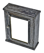 original early 1920's antique american medical brushed and sanded cold-rolled steel diminutive hospital lavatory medicine cabinet with hinged door and original knob pull