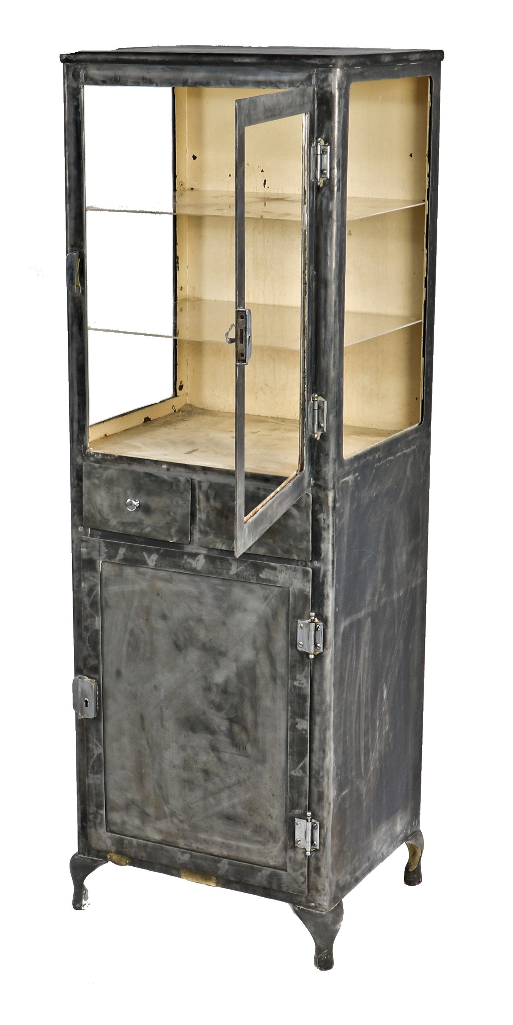 rare and highly sought after antique american medical oversized cast iron and cold-rolled iron hospital surgery room supply cabinet with intact cabriole style legs