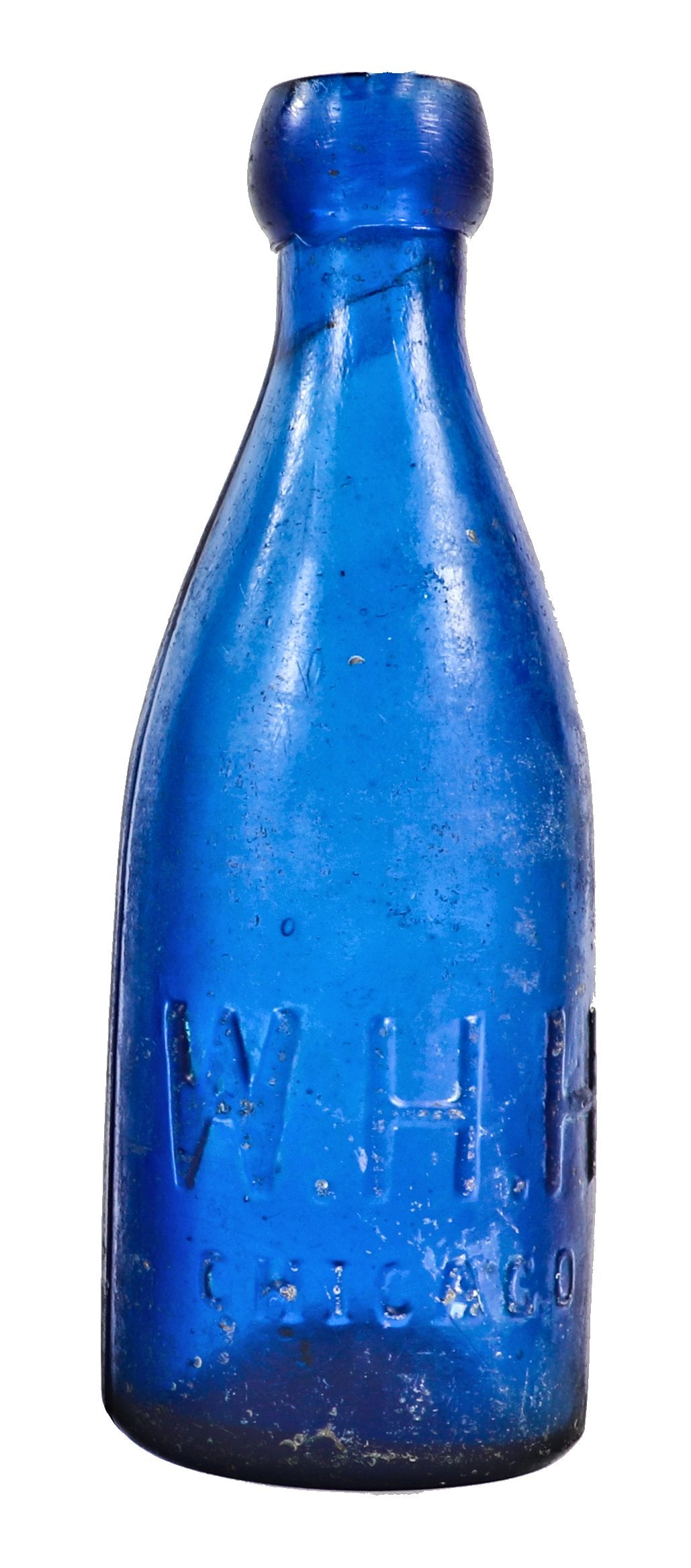 intact and all original privy dug 1850's deep cobalt blue "w.h.h." iron pontiled soda bottle manufactured for chicago bottler william henry hutchinson
