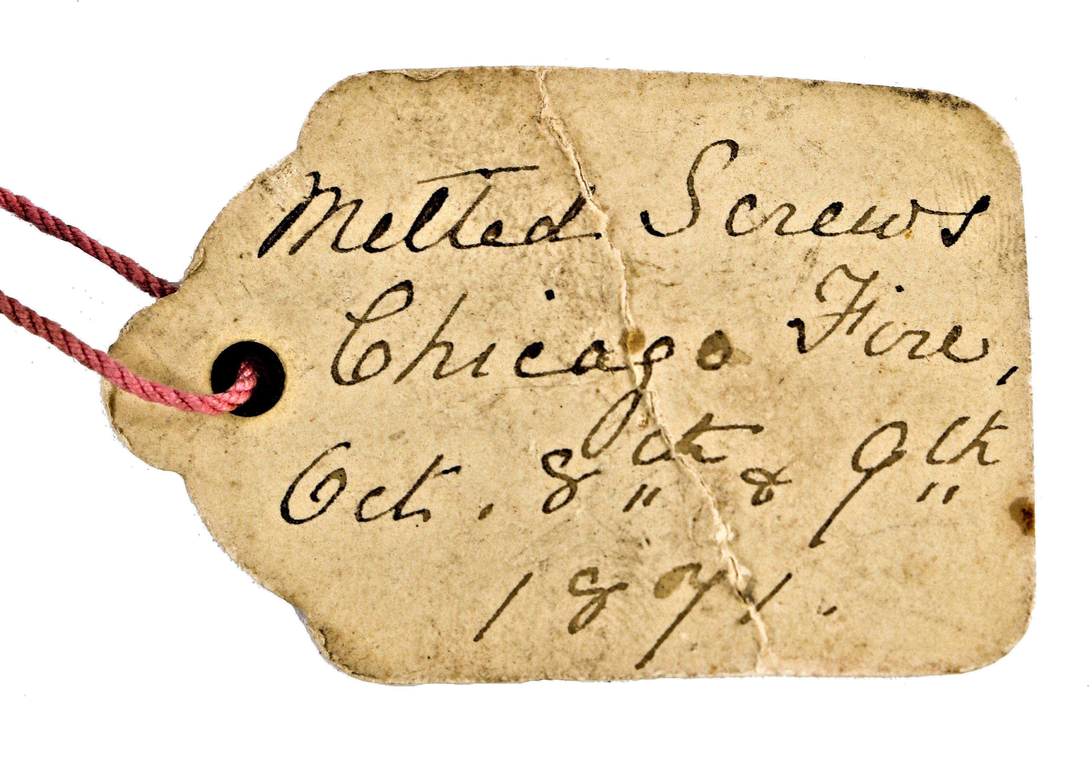 remarkable and historically important all original documented great chicago fire of 1871 "souvenir" or artifact in the form of melted metal screws salvaged from the "burnt district"