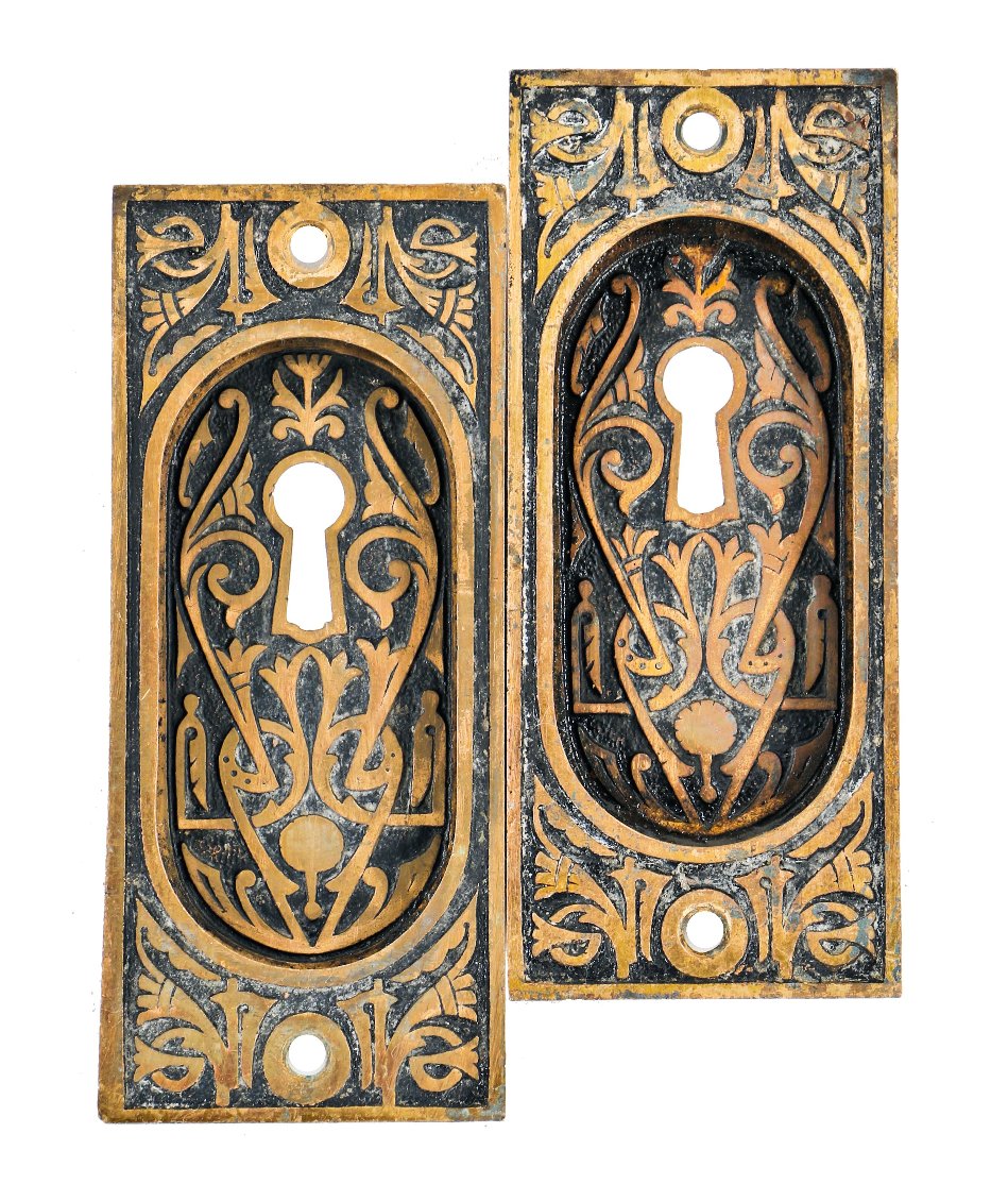 matching set of original c. 1880's antique american eastlake style cast brass interior residential sliding pocket door backplates or escutcheons with baked black enameled inlay
