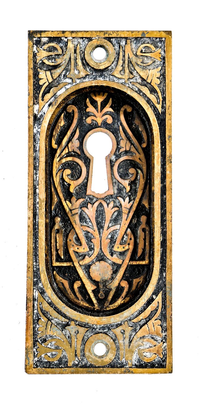 single all original fanciful antique american eastlake style cast brass interior residential pocket or sliding door escutcheon with recessed handle and baked enameled inlay