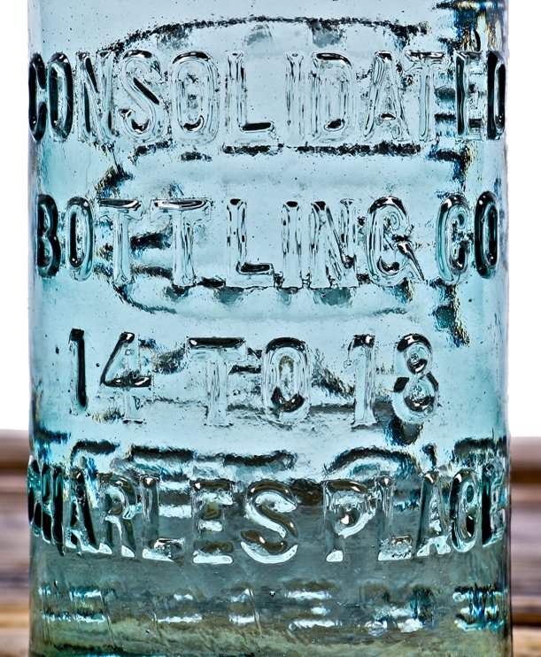 original and completely intact c. 1898 attic mint light aqua hutchinson style blobtop soda bottle manufactured for the consolidated bottling co., in chicago, il