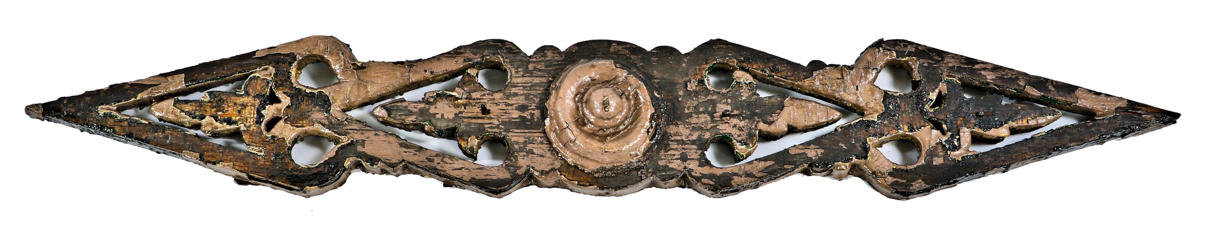 original late 1870's or early 1880's antique american victorian era intricate exterior chicago commercial building fret-sawn wood sill or belt course ornament with centrally located rondel