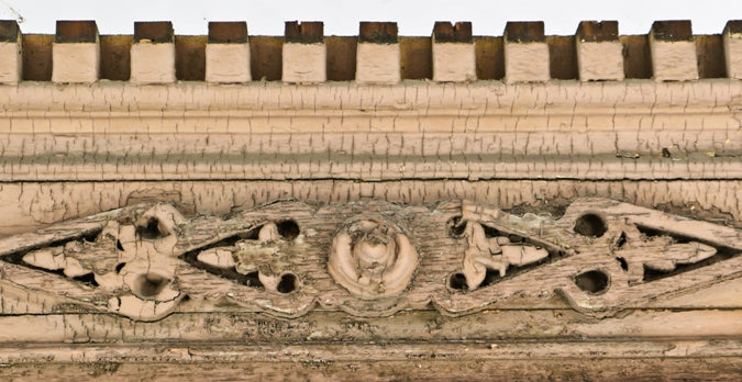 original and largely intact c. 1870's oversized antique american exterior chicago building sill course fret sawn wood panel with raised molding and dentil work