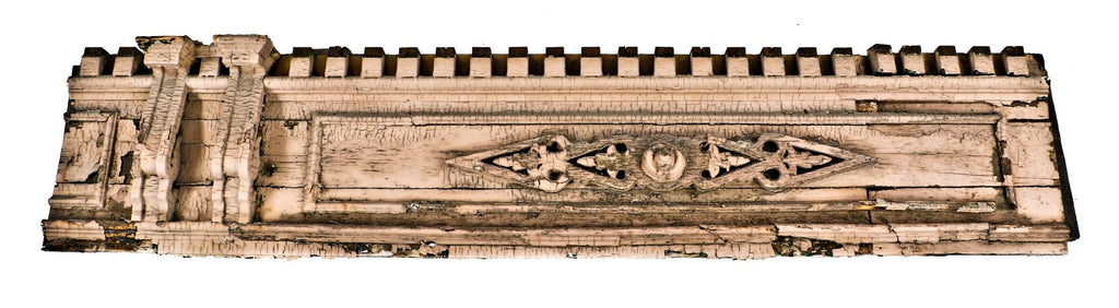 original and largely intact c. 1870's oversized antique american exterior chicago building sill course fret sawn wood panel with raised molding and dentil work