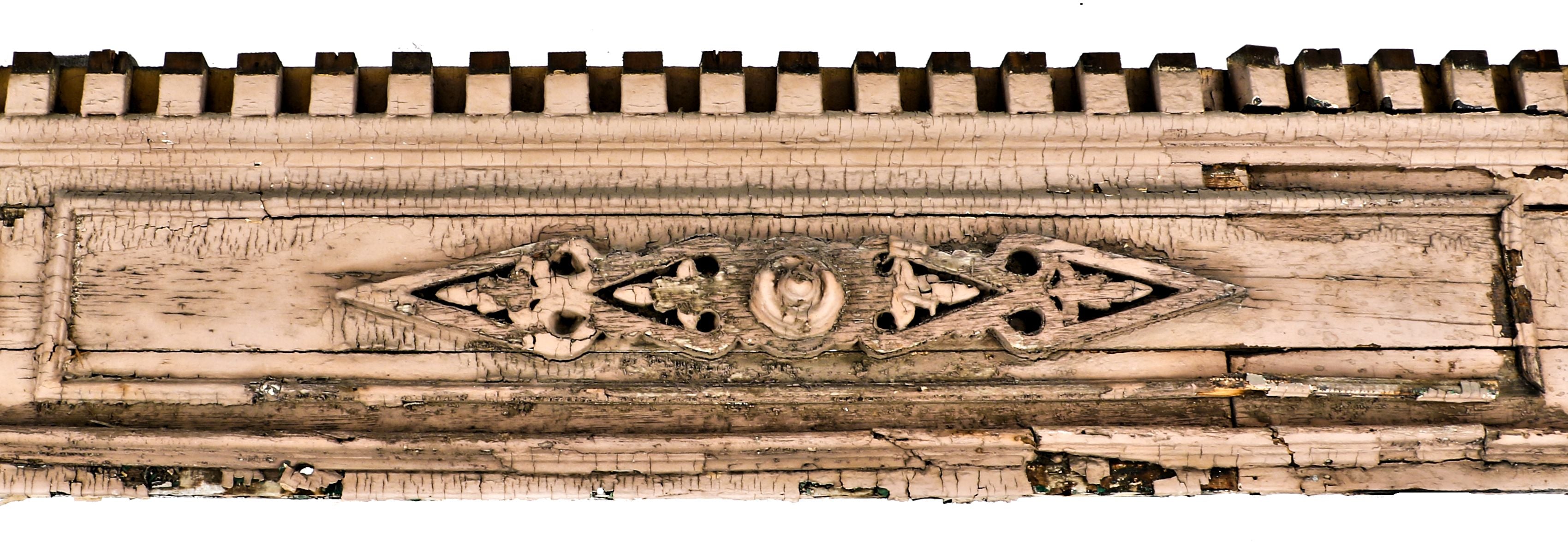 original and largely intact c. 1870's oversized antique american exterior chicago building sill course fret sawn wood panel with raised molding and dentil work