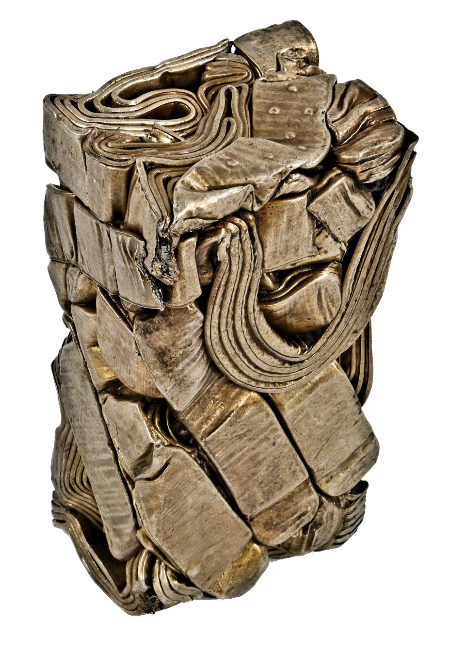 visually distinctive and incredibly heavy single crushed brass metal "briquette" display object consisting of recycled radiator components and/or piping