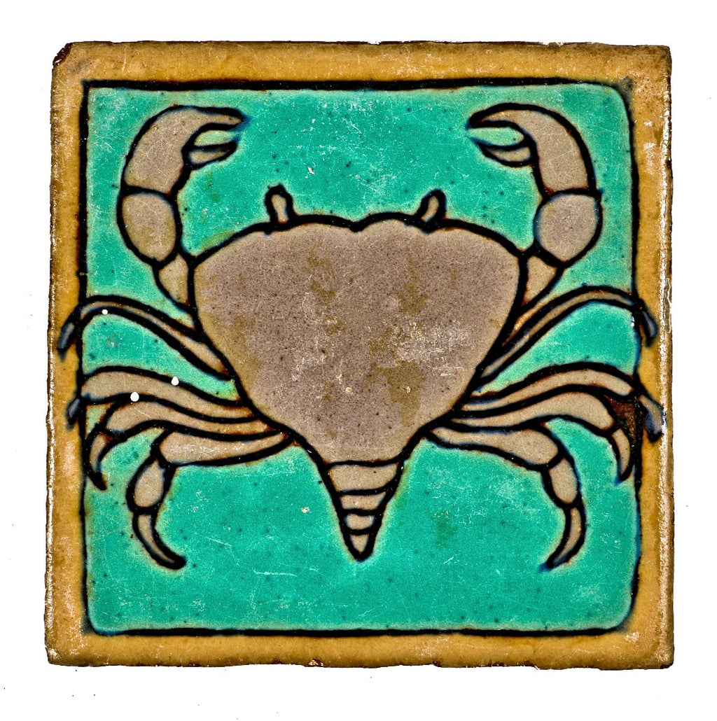 single c. 1920's american flush mount jarvis hunt-designed lakeshore drive athletic club building pool room tile featuring a polychromatic crab against a sea green background