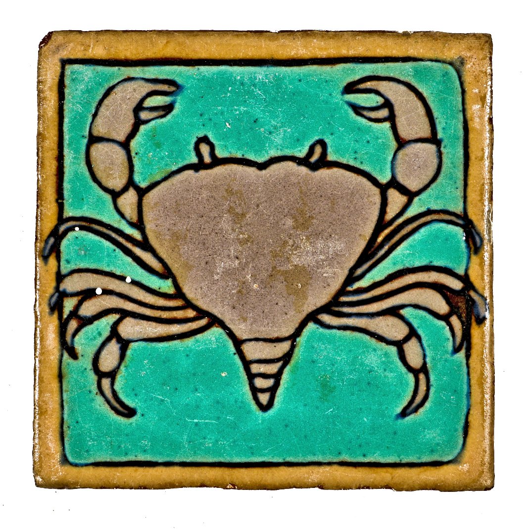 single c. 1920's american flush mount jarvis hunt-designed lakeshore drive athletic club building pool room tile featuring a polychromatic crab against a sea green background